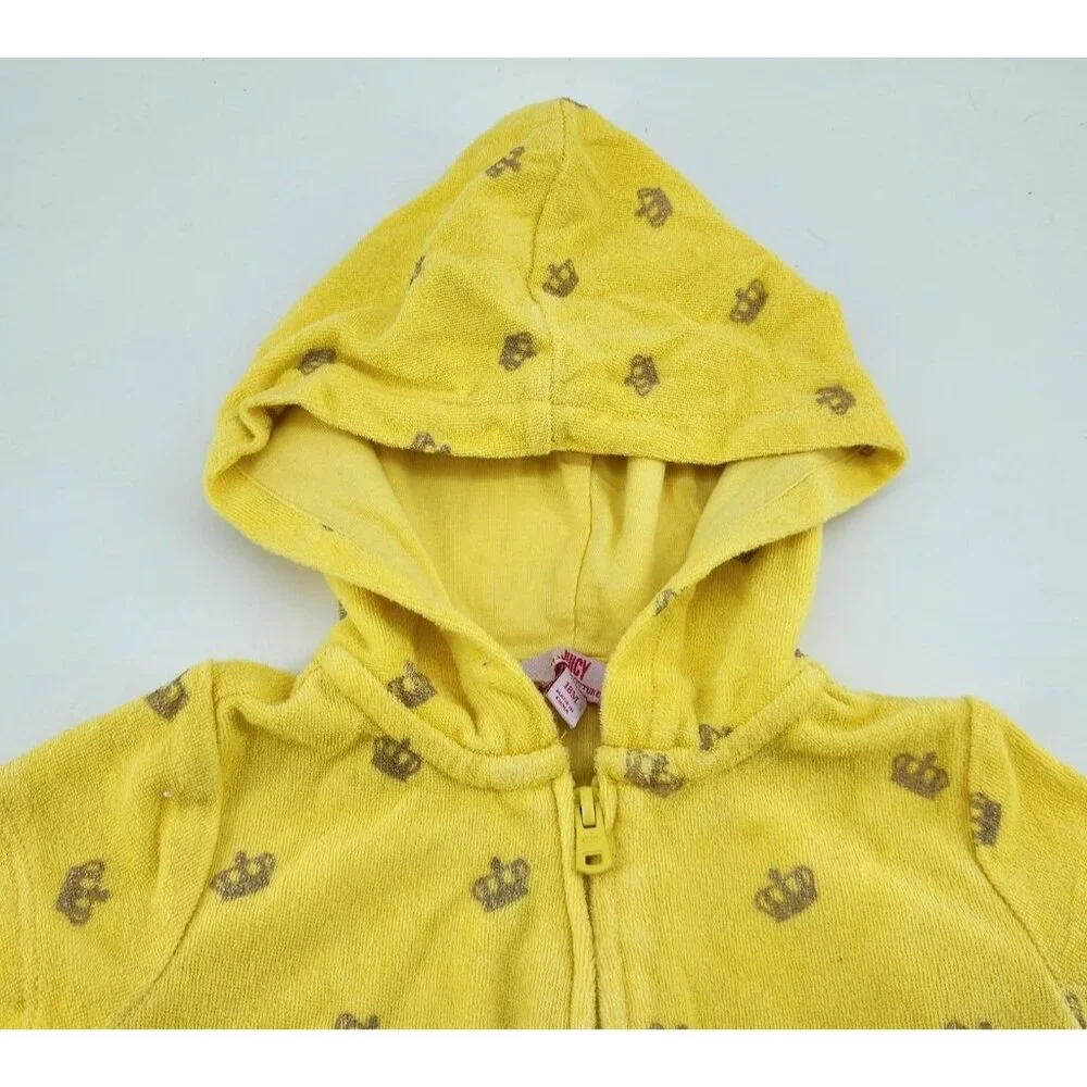 Juicy Couture Baby Girl Zip Front Hooded Romper Terry Cloth Yellow Crowns Sz 18M